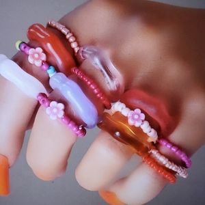 14PCS Colorful Beaded Rings Set – Y2K Cute Flower Acrylic Rings Kawaii Aesthetic